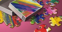 Colorful jigsaw puzzle pieces scattered around an open box, representing Microsoft Jigsaw gaming experience.