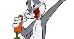 Bugs Bunny, the iconic cartoon rabbit, cheerfully holding a carrot and striking a playful pose. Classic animated fun!