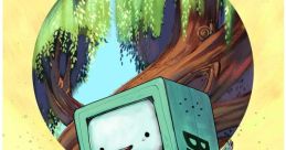 BMO from Adventure Time joyfully exploring a whimsical landscape alongside curious creatures.