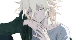 Nagito Komaeda lounging with a subtle smile, showcasing his signature messy hair and unique fashion from Danganronpa 2.
