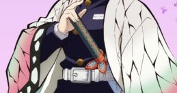 Shinobu Kocho from Demon Slayer, showcasing her distinct butterfly-patterned kimono and katana against a pink background.
