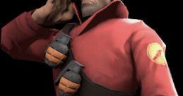 Soldier from TF2 salutes, wearing a red coat and a helmet, with grenades at his waist, embodying military strength.