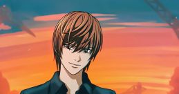 Light Yagami from Death Note holds an apple against a vibrant sunset, embodying his complex, cunning character.