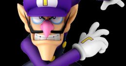 Waluigi from Super Mario prepares for a dramatic ice skating move, showcasing his signature purple outfit and mischievous pose.