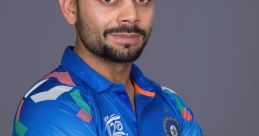 Virat Kohli in blue cricket jersey, showcasing confidence and charisma, representing India in international cricket.