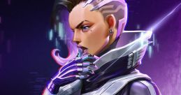 Sombra from Overwatch, showcasing her stealthy look with cybernetic enhancements and a confident pose.