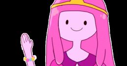 Princess Bubblegum from Adventure Time waves, showcasing her signature pink dress and crown, embodying her sweet personality.