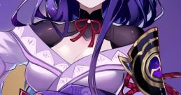 Raiden Shogun from Genshin Impact, showcasing her elegant outfit and intense expression against a purple background.