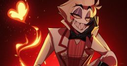 Lucifer from Hazbin Hotel, striking a playful pose with flames and hearts in the background, showcases a mischievous charm.