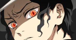Muzan Kibutsuji from Demon Slayer with piercing red eyes, showcasing his ominous expression and iconic black attire.
