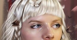 Enchanting portrait of a young woman with blonde hair and butterflies, embodying ethereal beauty in the style of Aurora Aksnes.
