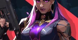 Reyna from Valorant, confident and fierce, wielding a weapon with striking purple accents in her stylish attire.