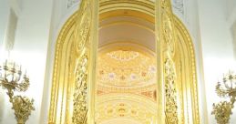 Vladimir Putin walks through grand doors adorned with gold, flanked by guards in ceremonial uniforms, in a lavish hall.