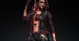 Fierce female V from Cyberpunk 2077, armed and stylish in a cybernetic outfit with vibrant neon accents.