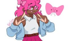 Cheerful character from Inanimate Insanity, featuring pink hair, bows, and fashionable attire in a playful pose.