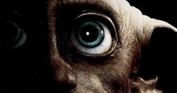 Dobby from Harry Potter and the Deathly Hallows Part 1, featuring expressive eyes in a dark backdrop, capturing emotional depth.