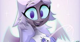 Emily from Hazbin Hotel displays a cheerful expression with angelic features and a sparkling background in vibrant colors.