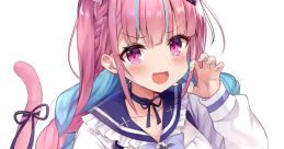 Minato Aqua from Hololive with vibrant pink and blue hair, playfully posing in a school uniform with cat accents.