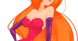Jessica Rabbit in a sparkly pink dress with long orange hair, purple gloves, and a playful pose, embodying cartoon glamour.