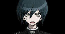 Shuichi Saihara from Danganronpa V3, expressing determination in his black school uniform, with visible sweat.