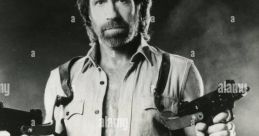 Chuck Norris showcasing his action-hero persona, holding guns, in a dramatic black and white portrait.