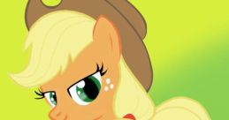 Applejack from My Little Pony, a friendly orange pony with a cowboy hat and blonde hair, set against a green backdrop.