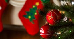 Cozy Christmas scene with a decorated tree, vibrant ornaments, and festive stockings by a warm fireplace glow.