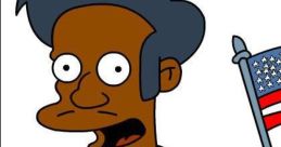 Apu Nahasapeemapetilon holding a small American flag, portraying his iconic character from The Simpsons in Castillian Spanish.