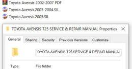 Toyota Avensis T25 service and repair manual details, including file properties and folder information for easy access.