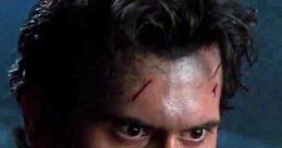 Ashley J. Williams looks intense with battle scars, showcasing his struggle against evil forces in a dark scene.