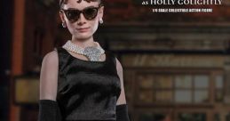 Audrey Hepburn as Holly Golightly in iconic black dress, sunglasses, and elegant accessories from Breakfast at Tiffany's.