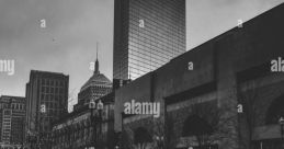 Pedestrians crossing a street near a library in a bustling urban environment, with tall buildings in the background.