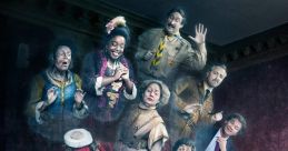 Two characters sit on the floor, surrounded by friendly ghosts from various eras in a whimsical library setting.
