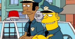 Clancy Wiggum and his partner relax outside their police car in Springfield, showcasing classic comedic moments from the series.