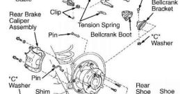 Diagram of parking brake components, including cables, calipers, springs, and adjusters for repair and maintenance reference.