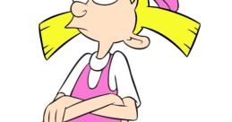 Helga G. Pataki from Hey Arnold! stands with arms crossed, showcasing her signature pink dress and oversized bow.