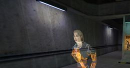 Holographic Assistant from Half-Life interacting with a control panel in a sci-fi corridor, showcasing retro gaming visuals.