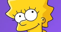 Lisa Simpson smiles playfully in a red dress, showcasing her iconic yellow hair and pearl necklace against a purple background.