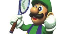 Luigi from the N64 era, celebrating a tennis victory while holding a racket in his signature green and purple outfit.