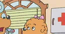 Mama Bear in a pink outfit, looking concerned in a doctor's office from The Berenstain Bears series by Camilla Scott.