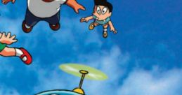 Nobita Nobi and friends soar through the sky with Doraemon in the 1993 Castilian Spanish anime adventure.