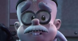 Professor Finbarr Calamitous, animated character by Tim Curry, features quirky glasses and lab coat in a lab setting.