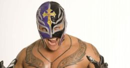 Rey Mysterio poses in a lucha libre mask, showcasing his signature tattoos and iconic wrestling attire.