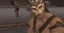 Shao Kahn, powerful warrior from Mortal Kombat, wielding a weapon in a dark battle arena setting.