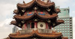 Traditional pavilion at 2 28 Peace Park, surrounded by water and modern cityscape, showcasing unique architecture and tranquility.