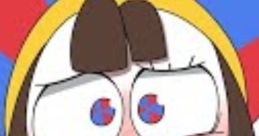 Pomni TADC character with wide eyes and surprised expression, featuring a yellow headband against a colorful background.