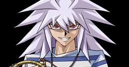 Yami Bakura stands with a smirk, holding his signature Millennium Ring, showcasing his distinctive striped shirt.