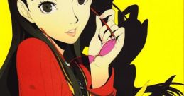 Yukiko Amagi in Persona 4: The Animation, showcasing her stylish red outfit and playful expression against a yellow background.