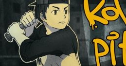Dynamic character from Kovox Pitch, wielding a bat in an action-packed urban scene, embodying gaming excitement.
