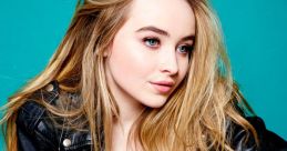 Sabrina Carpenter poses stylishly in a black leather jacket against a vibrant teal background, showcasing her signature look.
